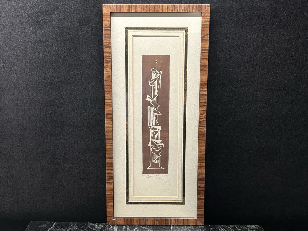 1998 Original Hans Gustav Burkhardt Abstract Artwork Linoleum Framed 14.5 x 6.5